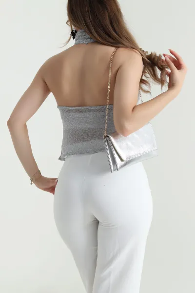 Gümüş Halter Yaka Simli File Kadın Bluz 480773