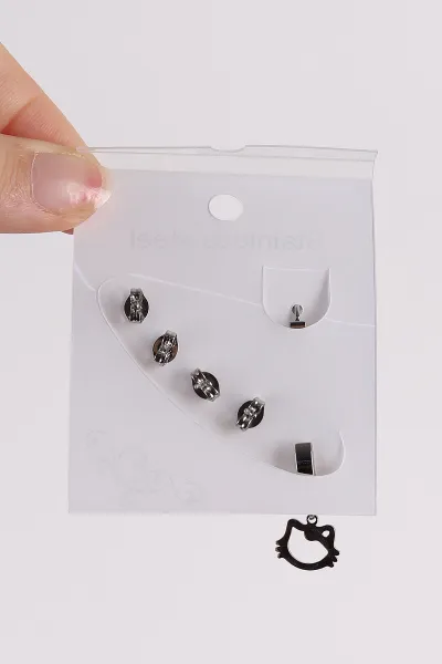 Gümüş Kedi Figürlü  Karışık Model Küpe Seti 486384