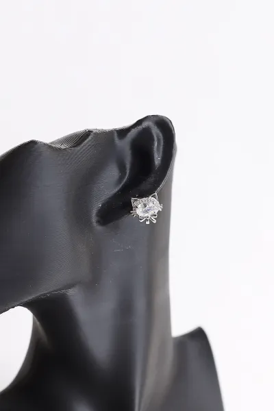 Gümüş Kedi Figürlü  Zirkon Taşlı Küpe 371116