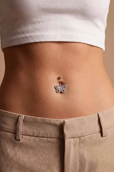 Gümüş Kelebek Model Zirkon Taşlı Göbek Piercingi 477776