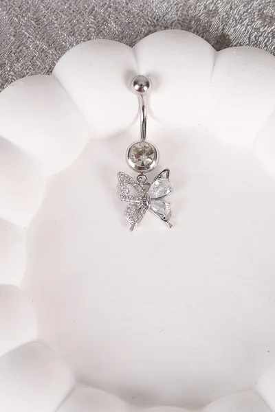 Gümüş Kelebek Model Zirkon Taşlı Göbek Piercingi 477778