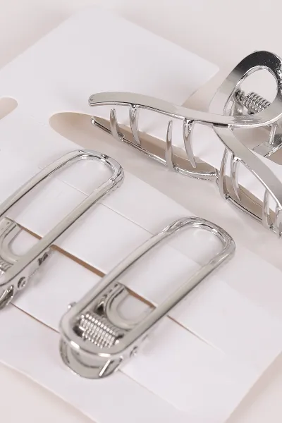 Gümüş Küçük Boy 3'lü Pens ve Metal Mandal Toka 463485
