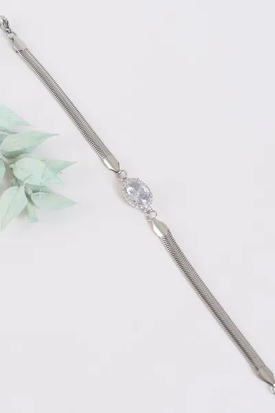 Gümüş Oval Büyük Zirkon Taşlı Balık Sırtı Çelik Bileklik 267729