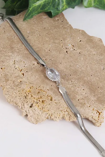 Gümüş Oval Büyük Zirkon Taşlı Balık Sırtı Çelik Bileklik 267729