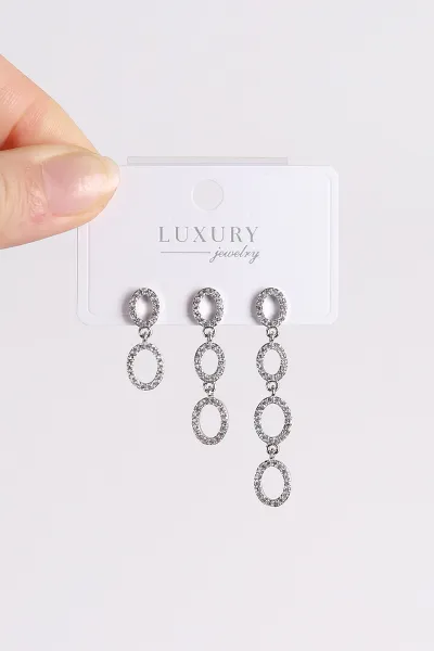 Gümüş Oval Model  Taşlı Sallantılı 3'lü Küpe 494663
