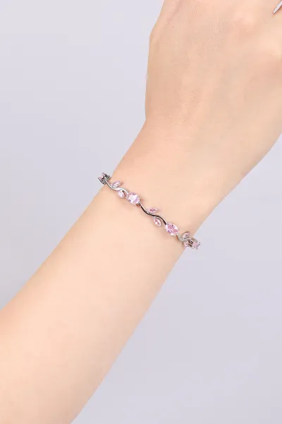 Gümüş Pembe Oval Taşlı Yapraklı Bileklik 468990
