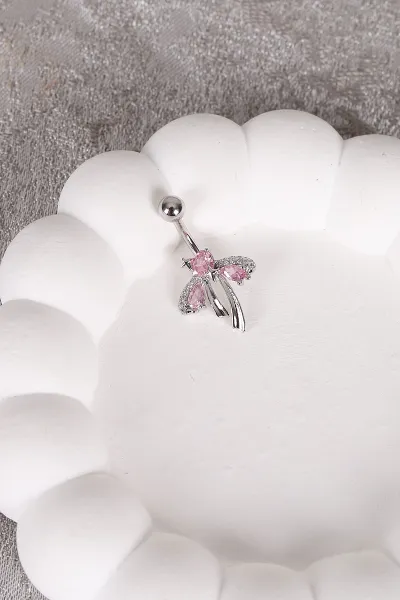 Gümüş Pembe Taşlı Fiyonk Model  Göbek Piercingi 479609