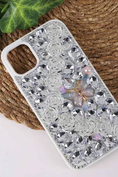 Gümüş TeknoCase İPhone 11 Uyumlu Daisy Case Serisi Taşlı Vakumlu Sert Silikon Telefon Kılıfı 431017