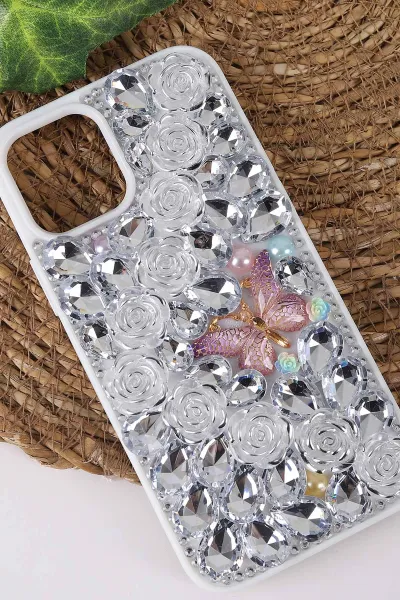 Gümüş TeknoCase İPhone 12 Uyumlu Daisy Case Serisi Taşlı Vakumlu Sert Silikon Telefon Kılıfı 431024