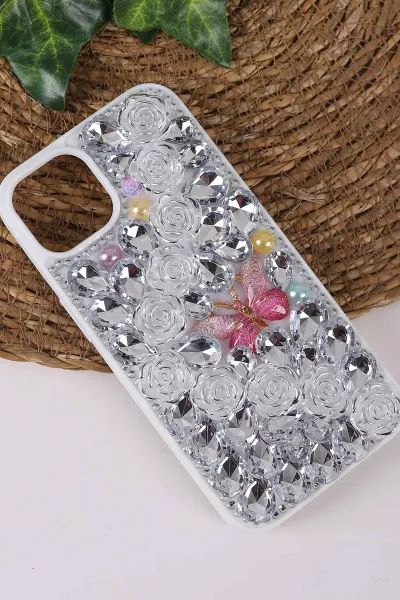 Gümüş TeknoCase İPhone 13 Uyumlu Daisy Case Serisi Taşlı Vakumlu Sert Silikon Telefon Kılıfı 431029