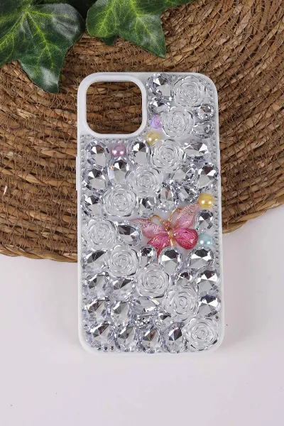 Gümüş TeknoCase İPhone 13 Uyumlu Daisy Case Serisi Taşlı Vakumlu Sert Silikon Telefon Kılıfı 431029