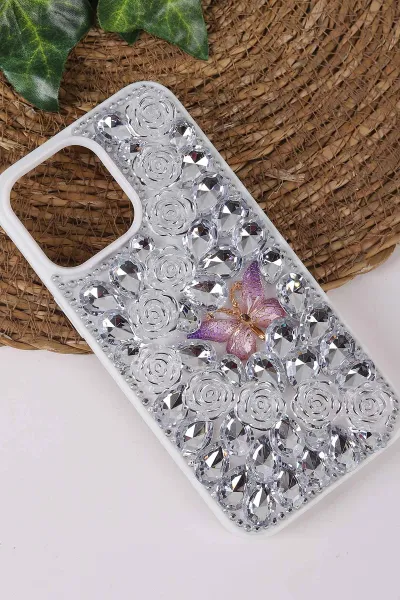 Gümüş TeknoCase İPhone 14 Pro Max Uyumlu Daisy Case Serisi Taşlı Vakumlu Sert Silikon Telefon Kılıfı 431052