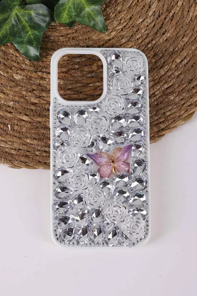 Gümüş TeknoCase İPhone 14 Pro Max Uyumlu Daisy Case Serisi Taşlı Vakumlu Sert Silikon Telefon Kılıfı 431052