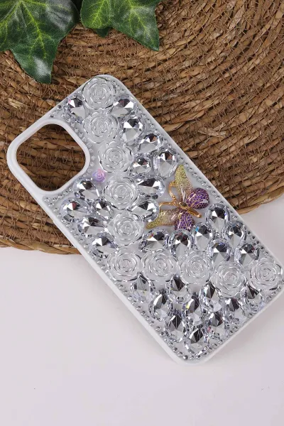 Gümüş TeknoCase İPhone 14 Uyumlu Daisy Case Serisi Taşlı Vakumlu Sert Silikon Telefon Kılıfı 431044