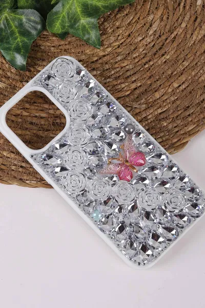 Gümüş TeknoCase İPhone 15 Pro Max Uyumlu Daisy Case Serisi Taşlı Vakumlu Sert Silikon Telefon Kılıfı 431079