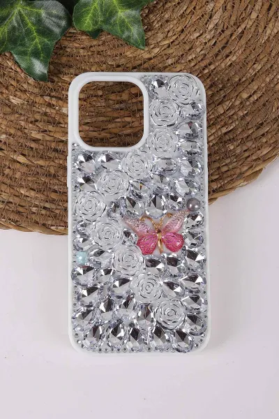 Gümüş TeknoCase İPhone 15 Pro Max Uyumlu Daisy Case Serisi Taşlı Vakumlu Sert Silikon Telefon Kılıfı 431079