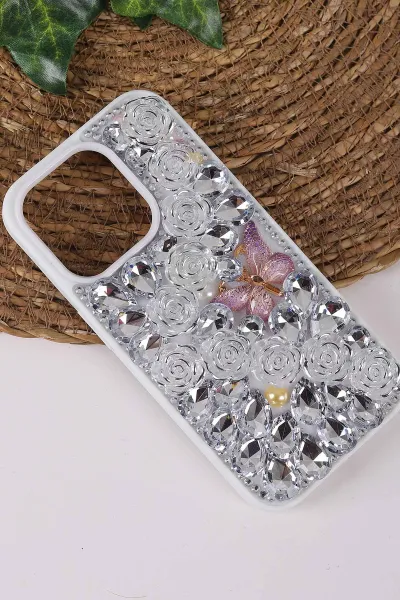 Gümüş TeknoCase İPhone 15 Pro Uyumlu Daisy Case Serisi Taşlı Vakumlu Sert Silikon Telefon Kılıfı 431072