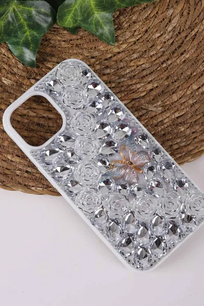 Gümüş TeknoCase İPhone 15 Uyumlu Daisy Case Serisi Taşlı Vakumlu Sert Silikon Telefon Kılıfı 431064