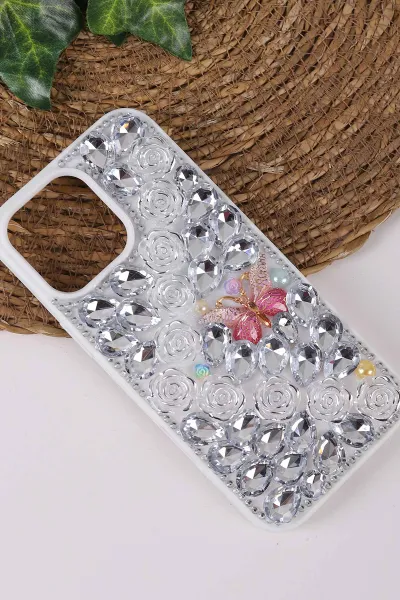 Gümüş TeknoCase İPhone 16 Pro Max Uyumlu Daisy Case Serisi Taşlı Vakumlu Sert Silikon Telefon Kılıfı 431097