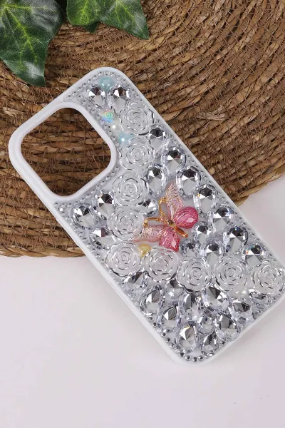 Gümüş TeknoCase İPhone 16 Pro Uyumlu Daisy Case Serisi Taşlı Vakumlu Sert Silikon Telefon Kılıfı 431093