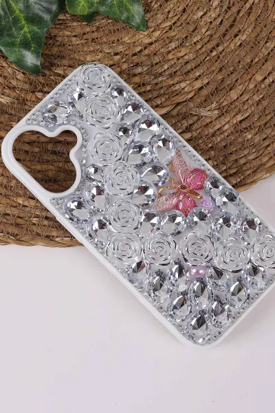 Gümüş TeknoCase İPhone 16 Uyumlu Daisy Case Serisi Taşlı Vakumlu Sert Silikon Telefon Kılıfı 431087