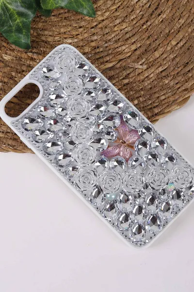 Gümüş TeknoCase İPhone 7 Plus ve  İPhone 8 Plus  Uyumlu Daisy Case Serisi Taşlı Vakumlu Sert Silikon Telefon Kılıfı 431118
