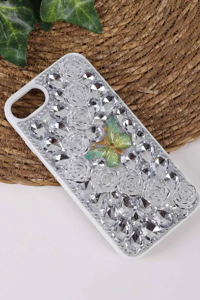 Gümüş TeknoCase İPhone 7 ve  İPhone 8 Uyumlu Daisy Case Serisi Taşlı Vakumlu Sert Silikon Telefon Kılıfı 431124