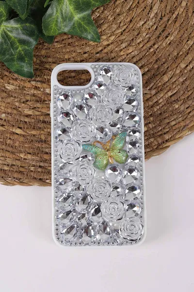 Gümüş TeknoCase İPhone 7 ve  İPhone 8 Uyumlu Daisy Case Serisi Taşlı Vakumlu Sert Silikon Telefon Kılıfı 431124