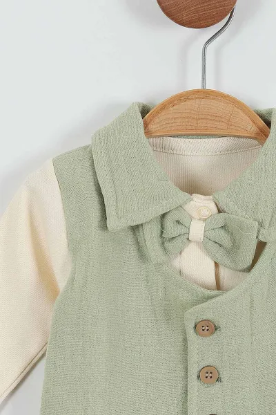 Haki (0-3 Ay) Papyonlu Yelek Detaylı Müslin Erkek Bebe Takım 289073