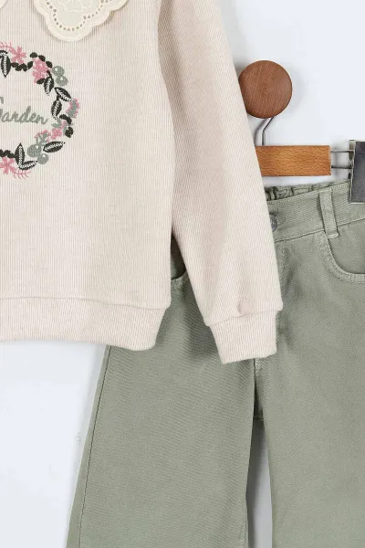 Haki (1-9 Yaş)Çiçek Nakışlı Dantel Yaka Gabardin Pantolonlu  Kız Çocuk Takım 413507