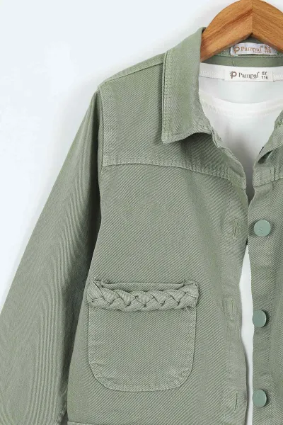 Haki (1-9 Yaş)Happy Baskılı Tişörtlü Gabardin Pantolon ve Ceketli    Kız Çocuk 3'lü Takım 413511
