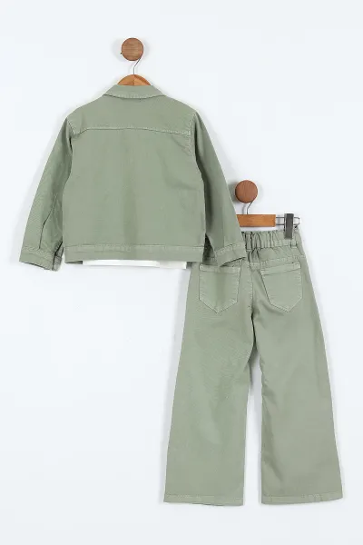 Haki (1-9 Yaş)Happy Baskılı Tişörtlü Gabardin Pantolon ve Ceketli    Kız Çocuk 3'lü Takım 413511
