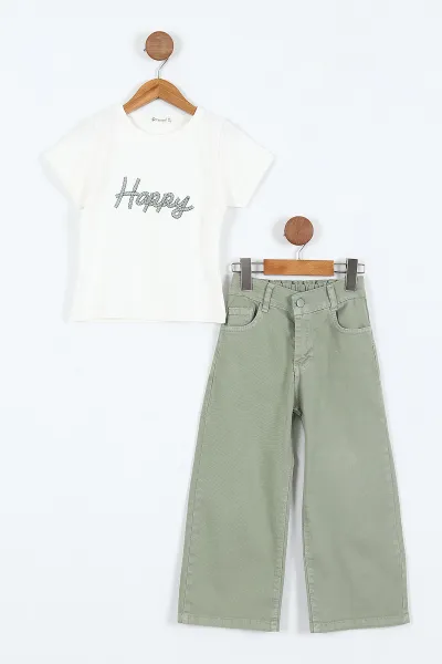Haki (1-9 Yaş)Happy Baskılı Tişörtlü Gabardin Pantolon ve Ceketli    Kız Çocuk 3'lü Takım 413511