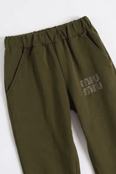 Haki (2-10 Yaş) Miu Miu Taş Baskılı Kapüşonlu Hırkalı Kız Çocuk 2'li Takım 478505