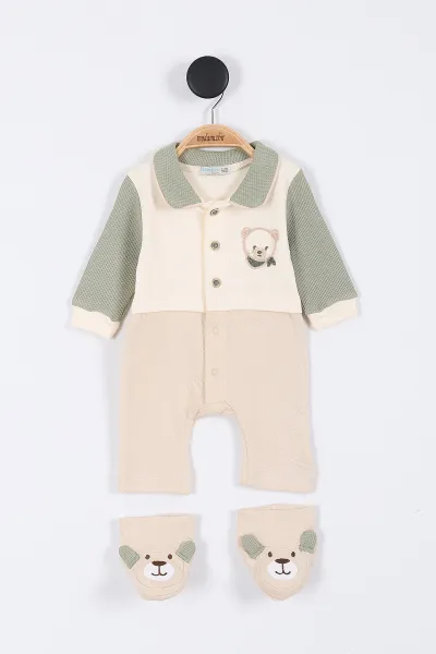 Haki (3-12 Ay) Patikli Ayı Nakışlı  Erkek Bebek Tulum 304178