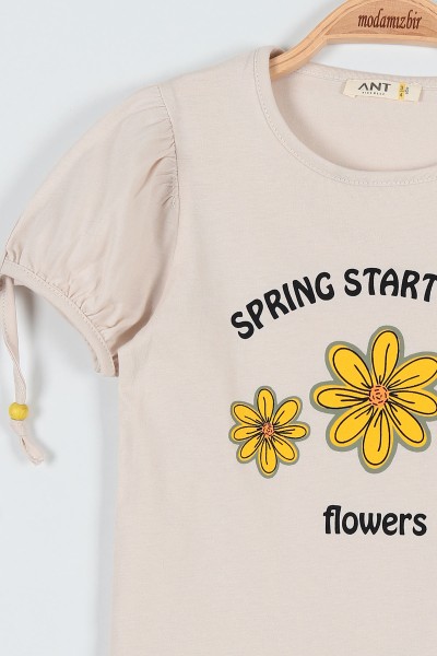 Haki (3-7 Yaş) Çiçek Flowers Baskılı Boncuklu Şortlu Kız Çocuk Takım 186314
