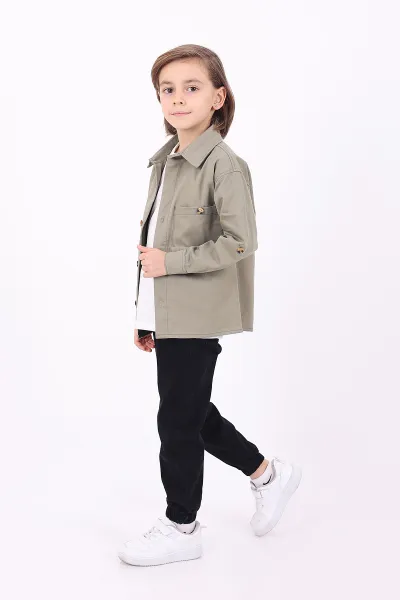 Haki (5-14 Yaş) Çift Cepli Oversize Kalıp Erkek Çocuk Gabardin Gömlek 323432