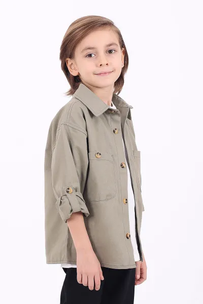 Haki (5-14 Yaş) Çift Cepli Oversize Kalıp Erkek Çocuk Gabardin Gömlek 323432
