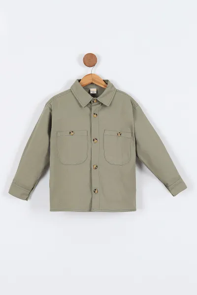 Haki (5-14 Yaş) Çift Cepli Oversize Kalıp Erkek Çocuk Gabardin Gömlek 323432