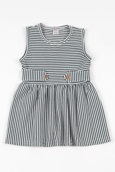 Haki (4-8 yaş) Düğme Detay Çizgili Kız Çocuk Elbise 108738