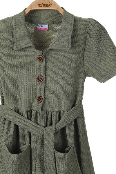 Haki (4-8 Yaş) Düğmeli Yakalı Belden Bağlamalı Kız Çocuk Elbise 165669