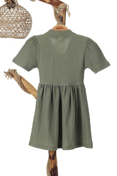 Haki (4-8 Yaş) Düğmeli Yakalı Belden Bağlamalı Kız Çocuk Elbise 165669