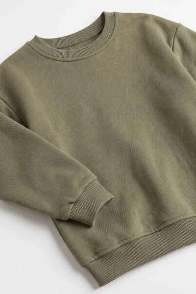 Haki (5-12 Yaş) Baskısız   Düz 3 İp Şardonlu Erkek Çocuk Sweatshirt 491832