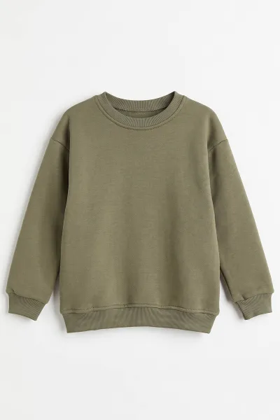 Haki (5-12 Yaş) Baskısız   Düz 3 İp Şardonlu Erkek Çocuk Sweatshirt 491832