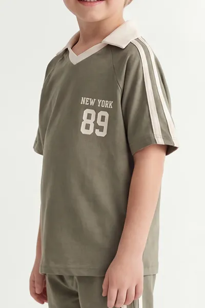 Haki (5-12 Yaş) New York Baskılı Şerit Çizgili Cepli Şortlu Erkek Çocuk Yazlık Takım 450859