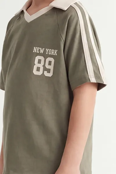 Haki (5-12 Yaş) New York Baskılı Şerit Çizgili Cepli Şortlu Erkek Çocuk Yazlık Takım 450859