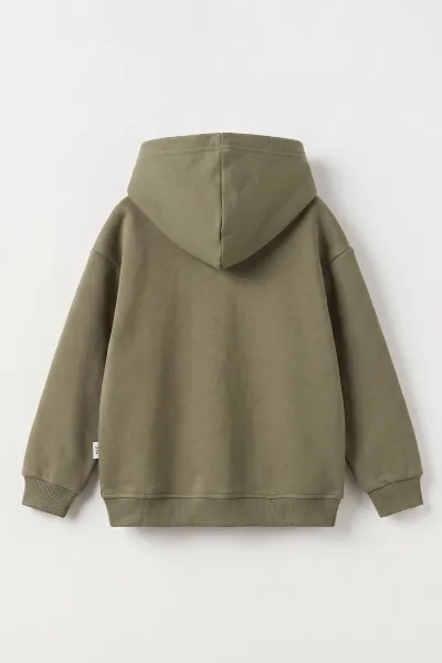 Haki (5-12 Yaş)Kapüşonlu Baskısız Üç İp Şardonlu Erkek Çocuk Sweatshirt 492181