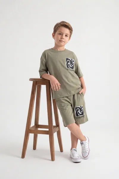 Haki (5-12 Yaş)Ön Arka Baskılı Şortlu Erkek Çocuk Takım 462685