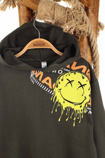 Haki (5-8 Yaş) Feel Happy Baskılı Kapüşonlu  Mevsimlik Erkek Çocuk Sweat 157152