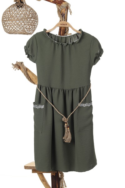 Haki (6-10 Yaş) Cep Şeritli Boyun Kol Lastikli Bel Bağlamalı Kız Çocuk Elbise 165436